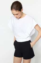 White 100% Cotton Raglan Sleeve Crop Crew Neck Knitted T-Shirt