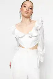 Ecru Crop Lined Ruffle Poplin Blouse