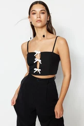 Black Crop Lined Woven Window/Cut Out Detailed Bustier