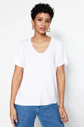 White Viscose Basic V-Neck Knitted T-Shirt