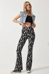 Happiness stanbul Women's Black Patterned Bell Leg Knitted Pants