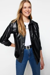Black Casual Fit Faux Leather Shirt With Pocket