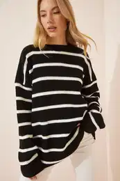 Happiness stanbul Dmsk ern pruhovan dlouh oversize pleten svetr