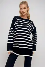 Trend Alaat Stili Dmsk ern posdky vstih pruhovan bon rozparek oversize pleten svetr