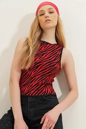 Trend Alaat Stili Women's Red Zero Sleeve Zebra Patterned Knitted Blouse