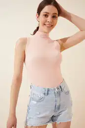 Happiness stanbul Women's Pink Turtleneck Cotton Knitted Blouse