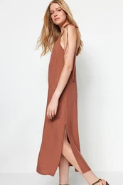 Brown Straight Cut Slit Strappy Maxi Woven Dress