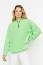 Green Thick Fleece Hooded and Zippered Oversized/Wide Knit Sweatshirt