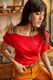 Women's Red One-Shoulder Ethnic Garnish Blouse