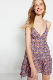 Purple Open-Waist Mini Woven Viscose Patterned Dress with Straps
