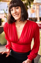 Women's Red Deep Decollete Waist Banded Crop Blouse
