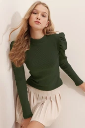 Trend Alaat Stili Women's Khaki Princess Sleeve Half Turtleneck Camisole Blouse