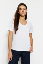 White 100% Cotton Basic V-Neck Knitted T-Shirt