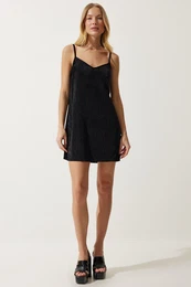 Happiness stanbul Women's Black Strap Corduroy Mini Dress