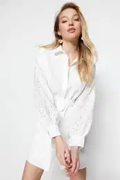 Ecru Belted Mini Woven Brode Sleeve Detailed Woven Dress