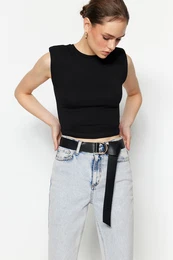Black Padded Fitted Crew Neck Crop Stretchy Knitted Blouse