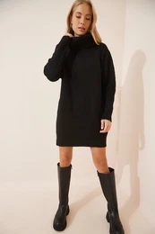 Happiness stanbul Women's Black Turtleneck Mini Knitwear Dress