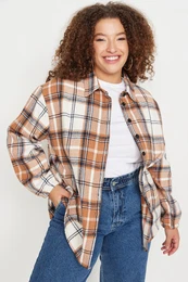 Curve Brown Plaid Long Sleeve Oversize Winter Woven Shirt