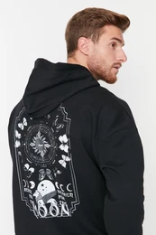Black Oversize/Wide Cut Hooded Space Printed Fleece/Warm Sweatshirt