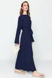 Navy Blue Belted Woven Crinkle Dress