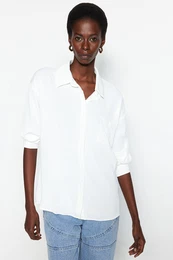 Ecru Basic Woven Cotton Shirt