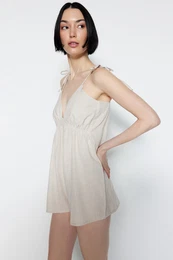 Viscose Woven Jumpsuit with Beige V Neck Chest Rubber Detailed Rope Strap