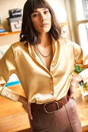 Women's Gold Cuff Detailed Woven Satin Shirt