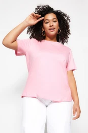 Curve Pink Basic Crew Neck 100% Cotton Knitted T-Shirt