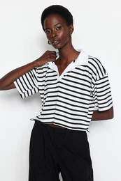 Black Striped Relaxed/Wide, relaxed fit Crop Polo Neck Knitted T-Shirt