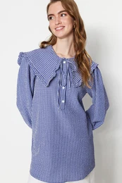 Blue Baby Collar Gingham Patterned Woven Tunic