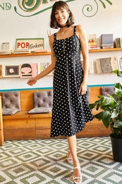 Women's Black Polka Dot Zippered Big Palm Pattern Dress