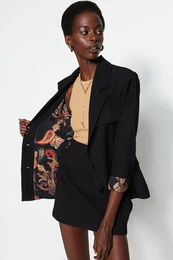 Black Regular Lining Detailed Woven Blazer Jacket
