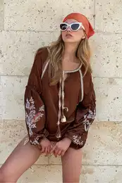 Trend Alaat Stili Women's Brown Sleeves Embroidered Raffia Detailed Tasseled Woven Blouse