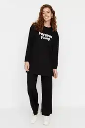 Black Slogan Printed Knitted Tracksuit Set with Soft Pile Inside
