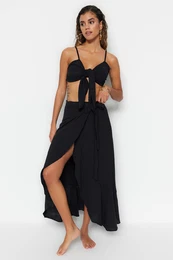Black Woven Slit Blouse and Skirt Set