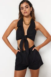 Black Woven Tie Blouse and Shorts Set