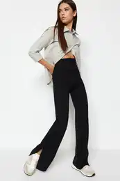 Black With Slits in the Sides, Flare/Flare-Flare High Waist Knitted Trousers