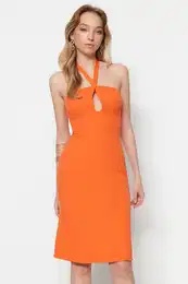 Orange Woven Collar Detailed Midi Woven Dress