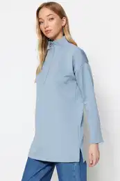 Blue Oversize Zipper Detailed Diver/Scuba Knitted Sweatshirt
