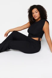 Curve Black Waistband Knitted Crop Blouse with Gathered Sides
