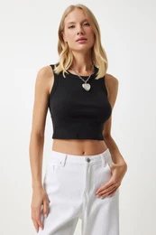 Happiness stanbul Women's Black Barbell Neck Crop Knitted Blouse