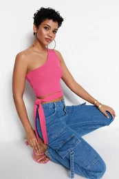 Fuchsia One Shoulder Fitted/Body-Sitting Ribbed Detailed Knitted Blouse