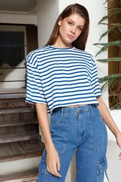 Navy Striped Relaxed/Wide Comfortable Cut Crop Crew Neck Knitted T-Shirt