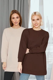 Brown-Beige 2-Pack Crew Neck Basic Knitted Sweatshirt