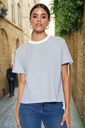 Navy Blue Ecru Striped Premium Basic Regular/Normal Fit Crew Neck Knitted T-Shirt