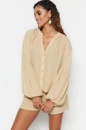 Beige Woven 100% Cotton Shirt Shorts Suit