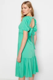 zelena tkana hrbtna detajla Midi tkana obleka