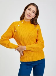 Yellow Women's Ribbed Sweater with Decorative Buttons - Women