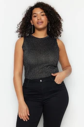 Curve Black Bodysuit Fine Knitwear Shiny Blouse