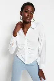 Ecru Gathered Fitted/Slim Fit Woven Shirt